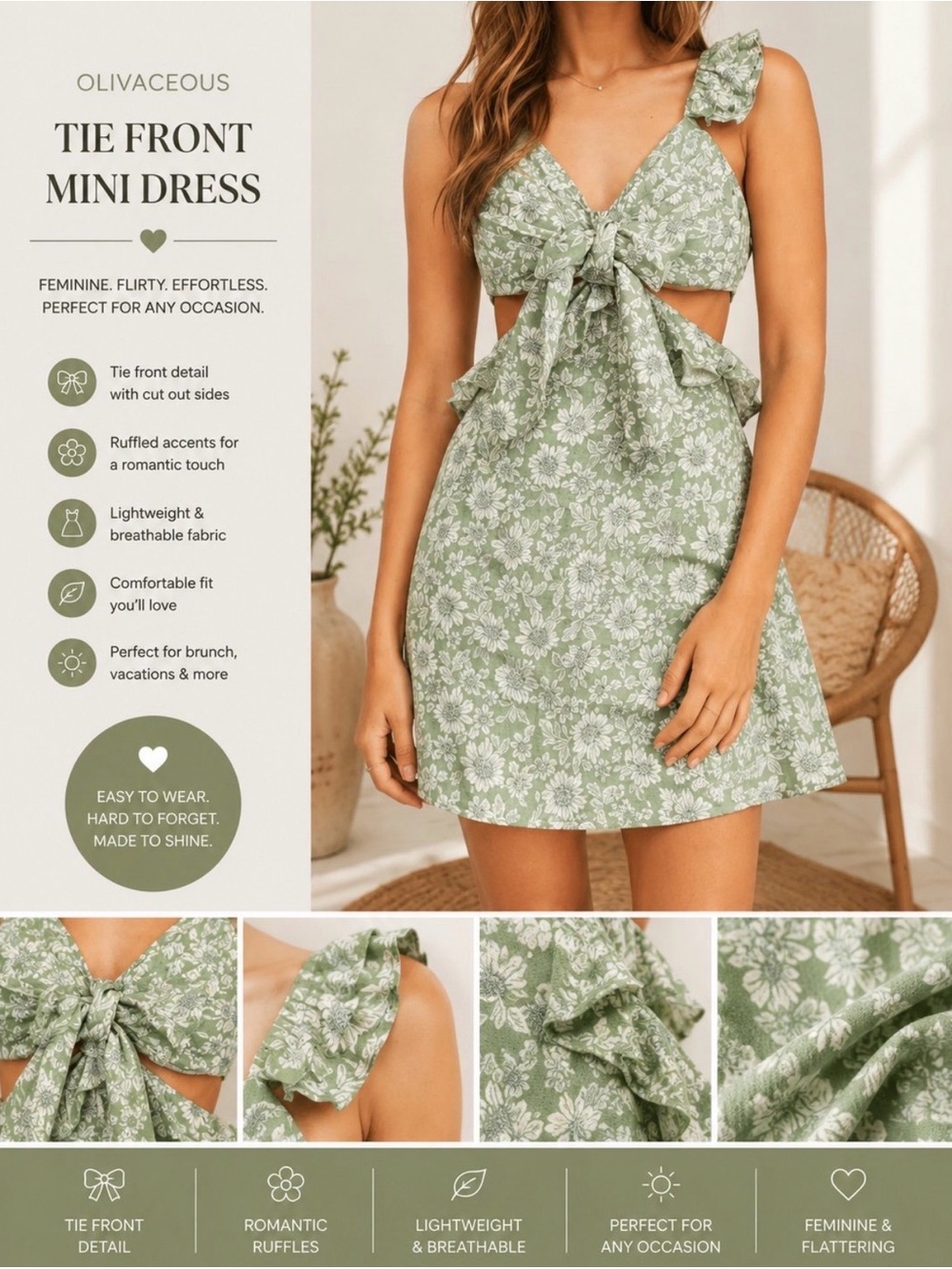OlivaCeous Green Floral Tie-Front Mini Dress